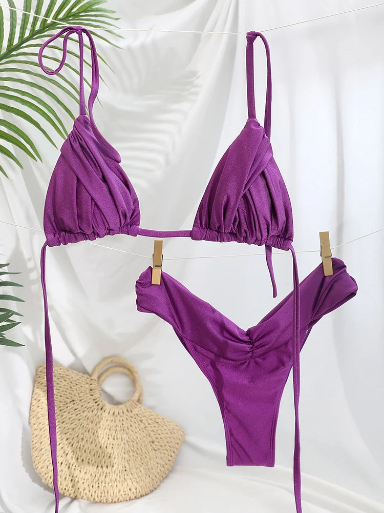 Sexy Folds Bikini Set Solid Micro Bikinis Women Swimsuit Female Triangle Swimwear Beach Wear Bathing Suit - Matrix-studios.com