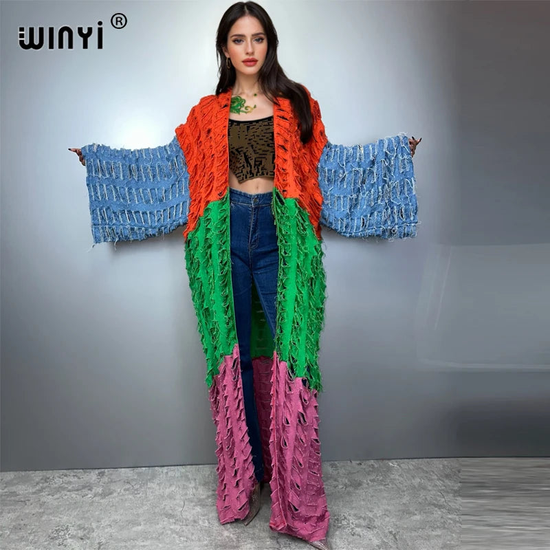 WINYI Kimono Colored Denim Cardigan Maxi Dress Beach Wear Cover-Up Abaya Dubai Luxury Beach Outfits for Women Broke Jeans Coat - Matrix Studios