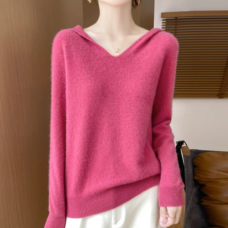 Women Autumn Winter Clothing Hooded Collar Pullover 100% Merino Wool Sweater New Fashion Cashmere Tops Bottoming Knitwear Soft - Matrix Studios