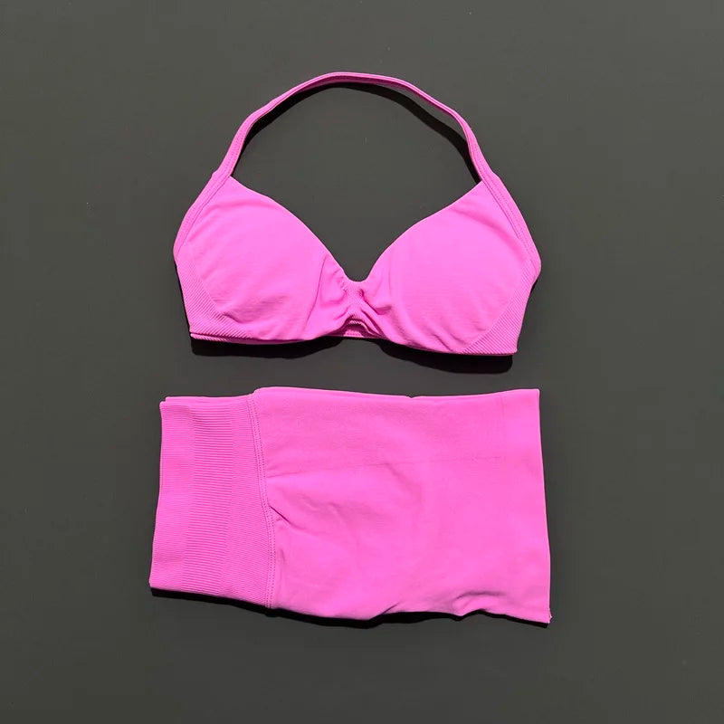 HISTELLO Gym Set 2 Piece Women Strappy Yoga Bra Top Workout Scrunch Shorts Sports Suit Fitness Clothes Seamless Yoga Set - Matrix-studios.com