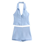 Women Summer 2 Piece Set High Waist Back Pocket Mini Skirts Shorts Sexy V-Neck Sleeveless Backless Suspender Zipper Top - Matrix-studios.com