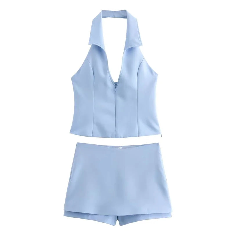 Women Summer 2 Piece Set High Waist Back Pocket Mini Skirts Shorts Sexy V-Neck Sleeveless Backless Suspender Zipper Top - Matrix-studios.com