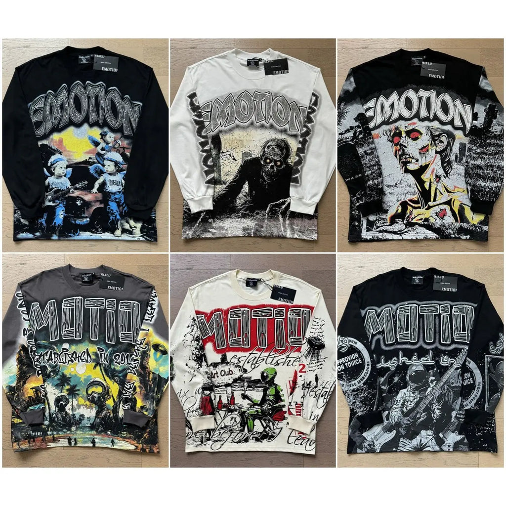 2026 New MIXED EMOTION Long Sleeve T-shirt Men Women High Street Full Print Best Quality Crewneck Hip Hop Oversized Tops - Matrix Studios