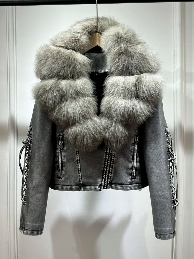 2024 Luxury Autumn Winter Real Natural Fox Fur Collar Washed Leather Coat Women Lace-up Faux Pu Leather Short Tassel Loose Coat - Matrix Studios