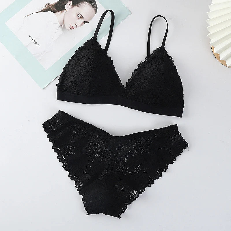 Women Lace Bra And Panties Set V-neck Push Up Bralette Sexy Lingerie Low Waist Briefs Female Non-wire Brassiere Underwear Set - Matrix-studios.com