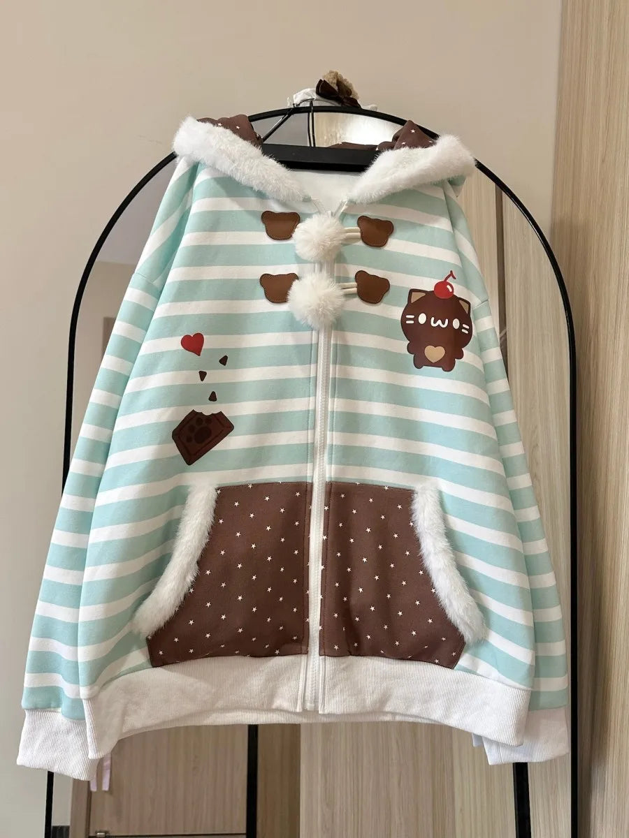 Japanese Sweet Coats Y2K Clothing Hoodie Women Tops Autumn and Winter Color Match Splicing with Thick Velvet Cardigan Jackets - Matrix Studios