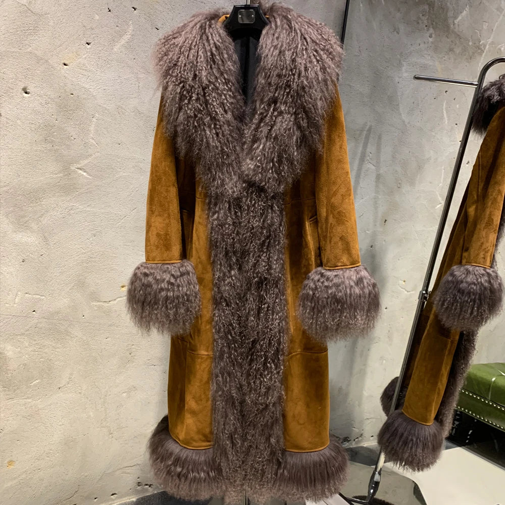 Suede Coat Fur Collar Women Autumn Genuine Sheepskin Coat Long with Mongfolian Fur Trim - Matrix Studios