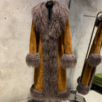 Suede Coat Fur Collar Women Autumn Genuine Sheepskin Coat Long with Mongfolian Fur Trim - Matrix Studios