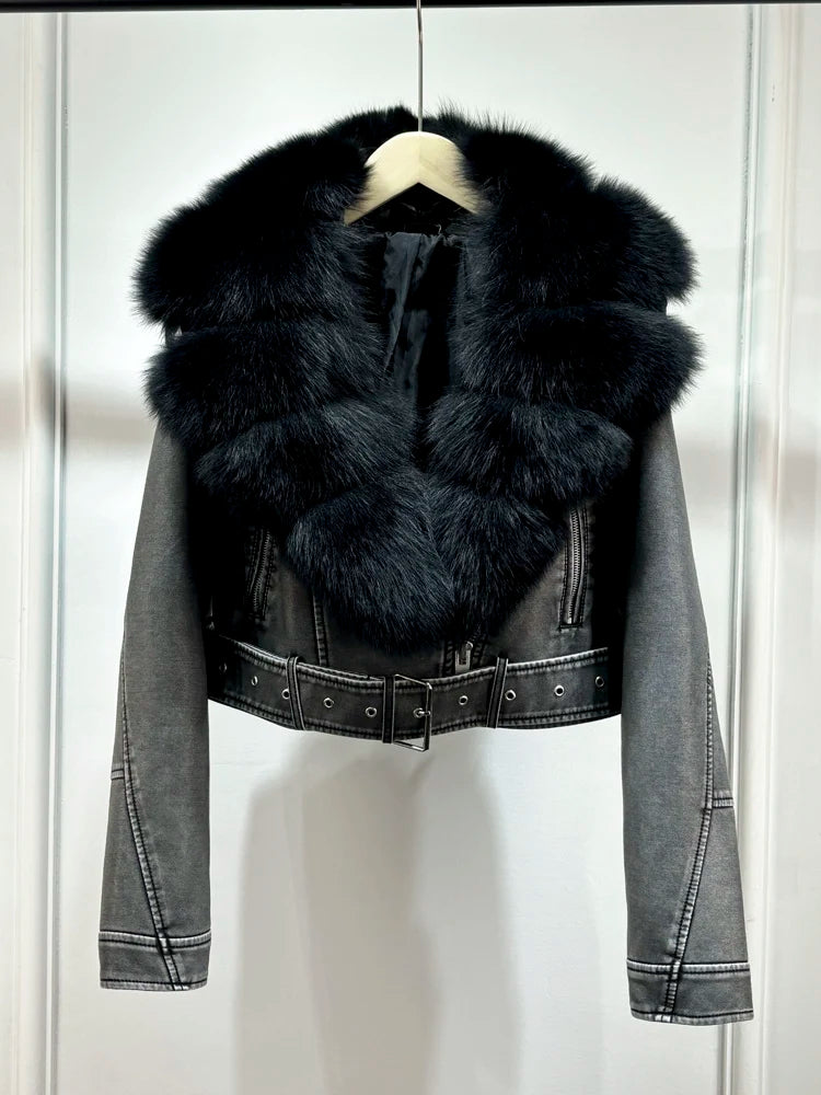 Lagabogy 2024 Big Real Fox Fur Women Vintage Pu Faux Leather Short Jacket With Belt Streetwear Female Zipper Retro Coat Outwear - Matrix Studios