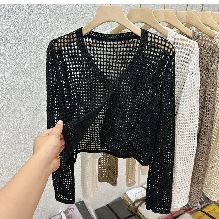 Single Button Crochet Mesh Cardigan for Women Semi Sheer Openwork Sunscreen Jacket Cover Up Summer Hollow-out Knitted Cardigan - Matrix Studios