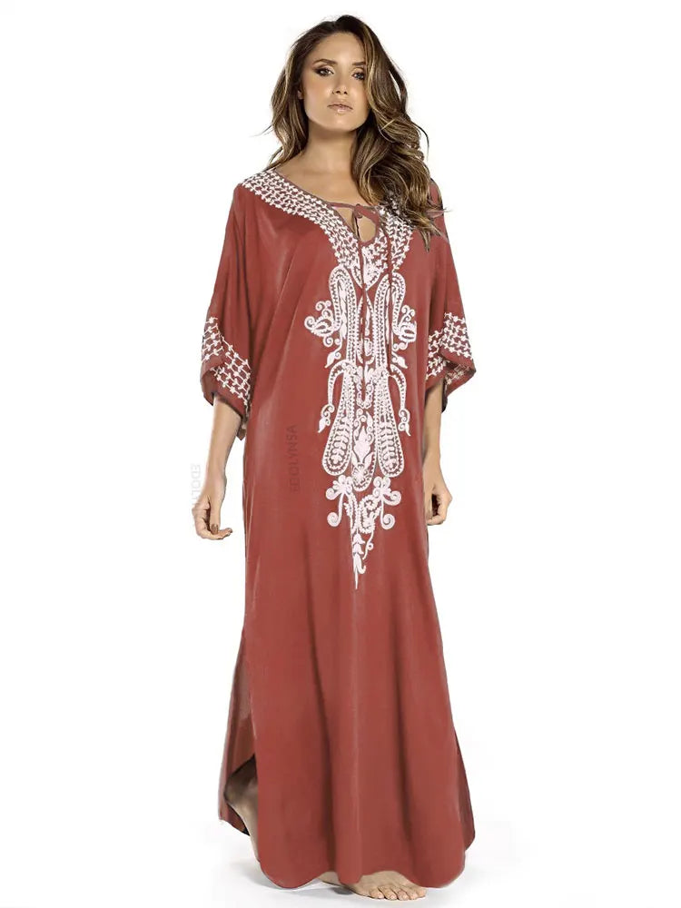 2026 Indie Folk Embroidered Short Sleeve Summer Dress Cotton Tunic Beach Kaftan Women Beachwear Swimsuit Cover Up Robe de plage - Matrix Studios