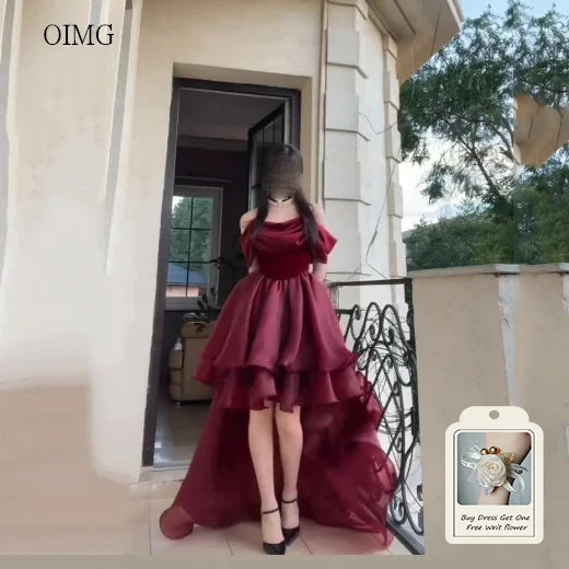 OIMG Elegant Burgundy Off The Shoulder Asymmetry Prom Gowns Backless Gala-ready Party Gown Floor Length Evening Dress Customized - Matrix-studios.com