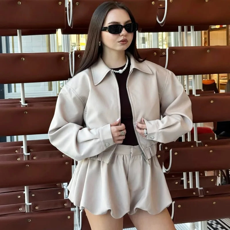 Tuularose Women's 2 Piece Fashion Lapel Zip Jacket Pleated Shorts Suit Vintage Streetwear New Party  Autumn Female Short Sets - Matrix-studios.com