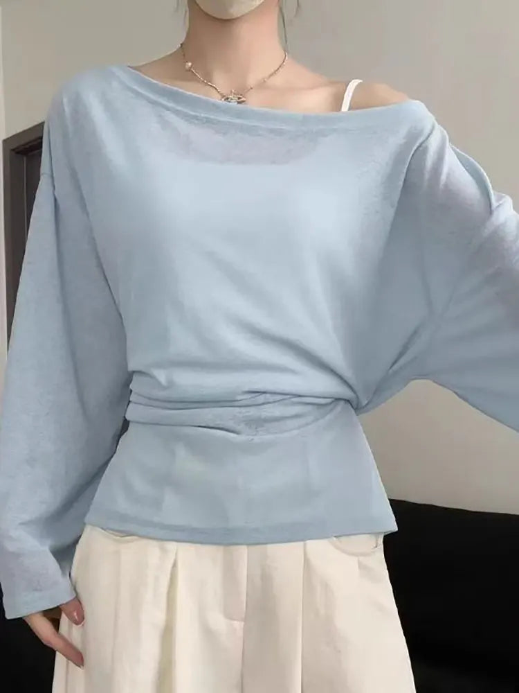 See Through Long Sleeve Oversize T Shirt Women Sexy Back Bandage Off Shoulder Top Female Basic Long Tees Korean Chic Lady New - Matrix-studios.com