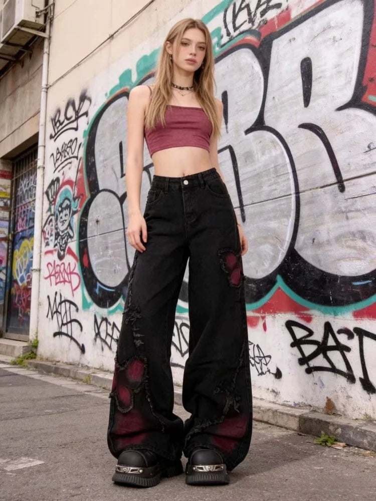 Women's Baggy Butterfly Jeans Vintage 90s Aesthetic Cowboy Pants Harajuku Oversize Denim Trousers Y2k 2000s Black Gothic Clothes - Matrix-studios.com