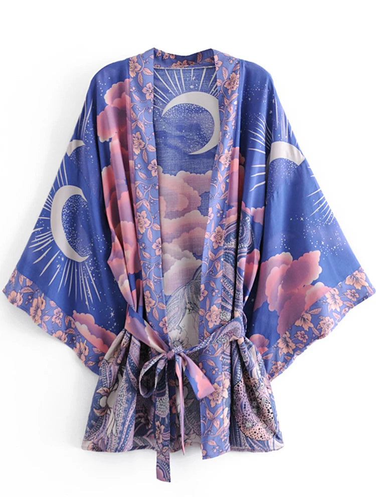 Boho Vintage Star and Moon Floral Print Sashes Women Bohemian V Neck Batwing Sleeves Happie Short Robe Kimono Dress Cover-ups - Matrix Studios
