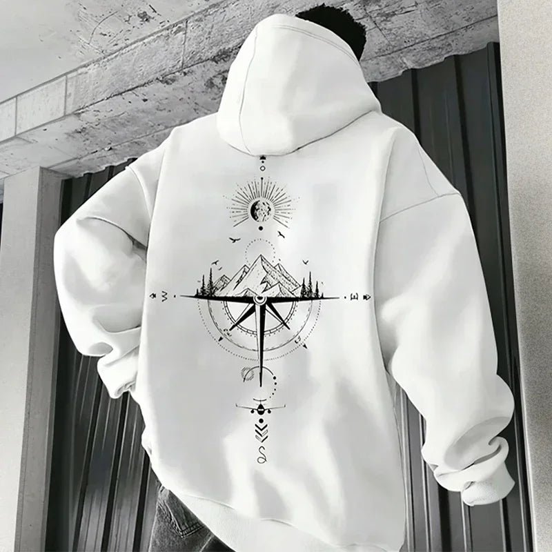 Vintage Compass Print Hoodies for Men High Quality Hooded Long Sleeve Pullover All Season Daily Casual Sports Tops Men's Clothes - Matrix Studios