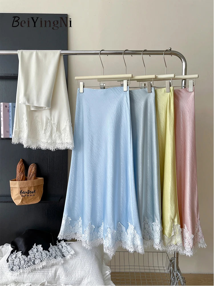 Beiyingni French Elegant Satin Mermaid Skirt Women Spring Summer Lace Patchwork Pack Hip Long A-line Skirts Office Ladies Faldas - Matrix-studios.com