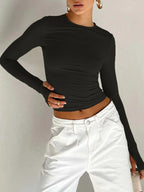 Fashion Women T-shirt Long Sleeve Crew Neck Solid Slim Fit Ladies Crop Top with Thumb Holes for Daily Streetwear Summer Camis - Matrix-studios.com