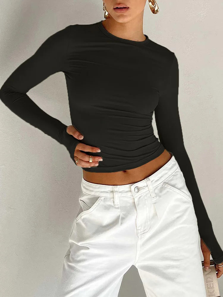 Fashion Women T-shirt Long Sleeve Crew Neck Solid Slim Fit Ladies Crop Top with Thumb Holes for Daily Streetwear Summer Camis - Matrix-studios.com