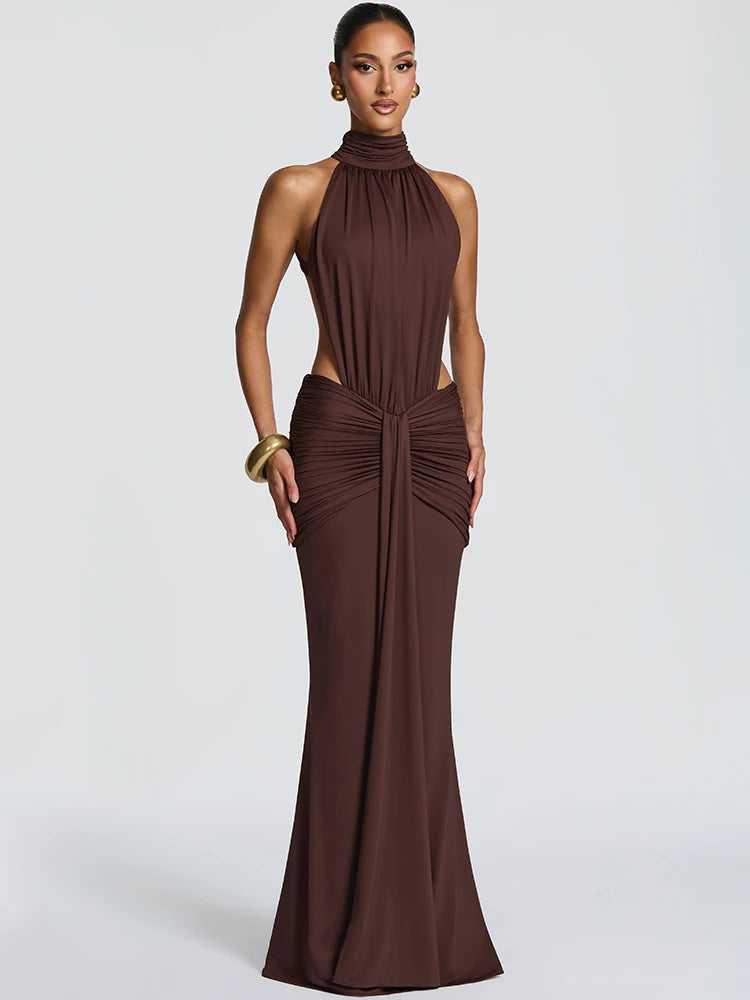 Mozision Turtleneck Backless Sexy Maxi Dress Women Gown Elegant Off-shoulder Sleeveless Ruched Bodycon Club Party Long Dress - Matrix-studios.com