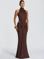 Mozision Turtleneck Backless Sexy Maxi Dress Women Gown Elegant Off-shoulder Sleeveless Ruched Bodycon Club Party Long Dress - Matrix-studios.com