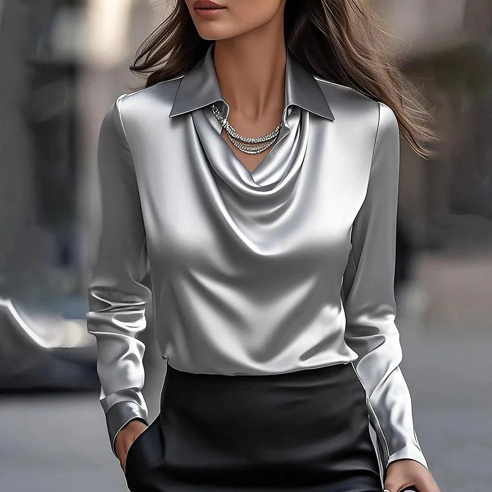 Elegant Women's Satin Shirt Blouse New Print V-neck Swing Neck Long-sleeved Solid Color Loose Shirt Casual Top Office Ladies - Matrix-studios.com