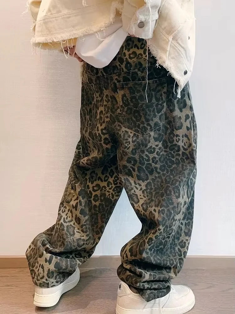Autumn Tan Leopard Jeans Men Denim Pants Male Oversize Wide Leg Trousers Streetwear Hip Hop Vintage Loose Casual Animal Print - Matrix Studios