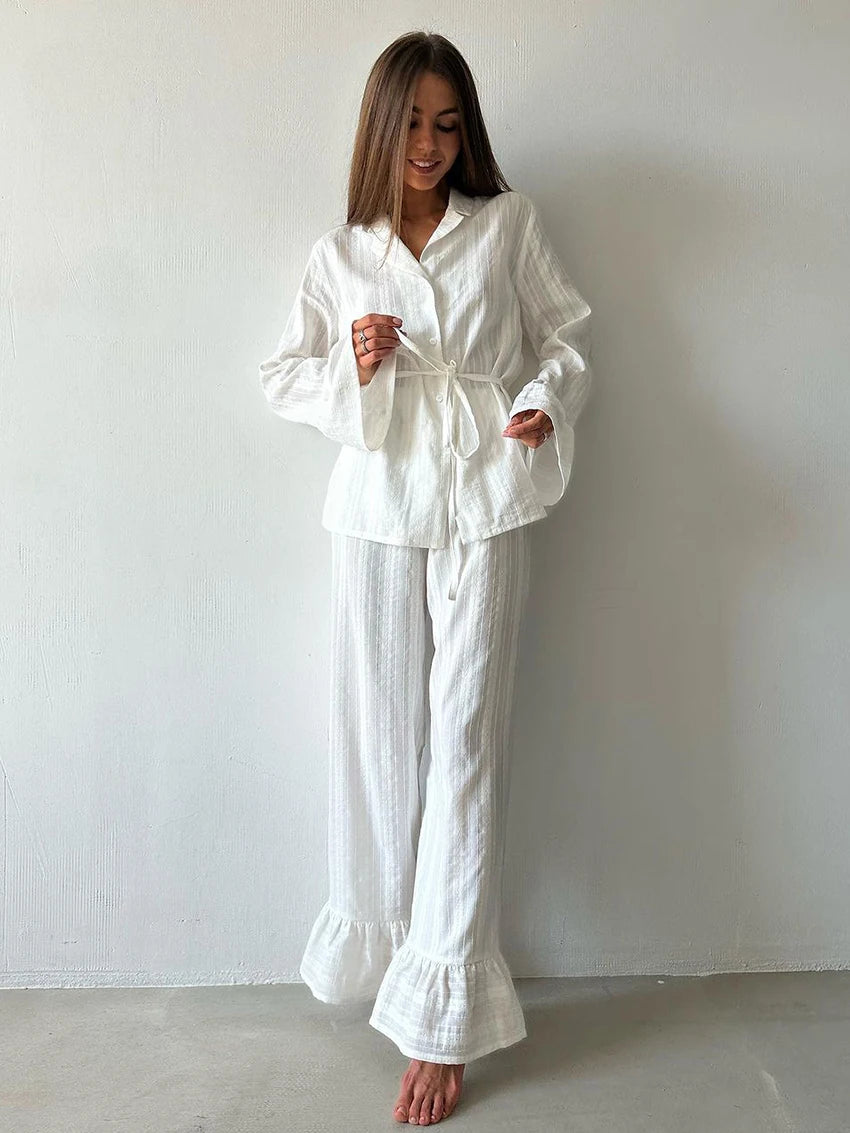 Marthaqiqiq Casual Women Nightgown 2 Piece Suit Long Sleeve Nightwear Turn-Down Collar Sleepwear Pants Loose Home Clothes Ladies - Matrix-studios.com
