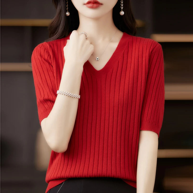 Women's Sweater Spring Summer Short Sleeve V-neck Knit Shirt Casual Korean Pullovers Stripe Bottoming Shirt Slim Fit Jumpers - Matrix Studios