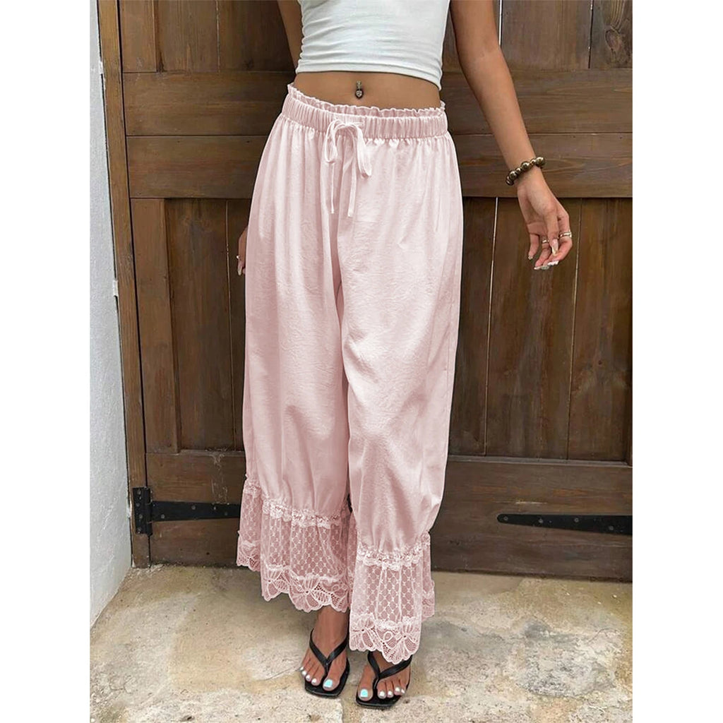Womens Wide Leg Pants White Polyester Lace Trim Hem Casual Loose Fit Summer Trousers Wide Leg Pants - Matrix-studios.com