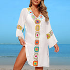 Hand Crochet Multicolour Flower Block Beachwear Cover Up Beach Vacation Casual See-Through Midi Dress Breathable Sunscreen Smock - Matrix Studios