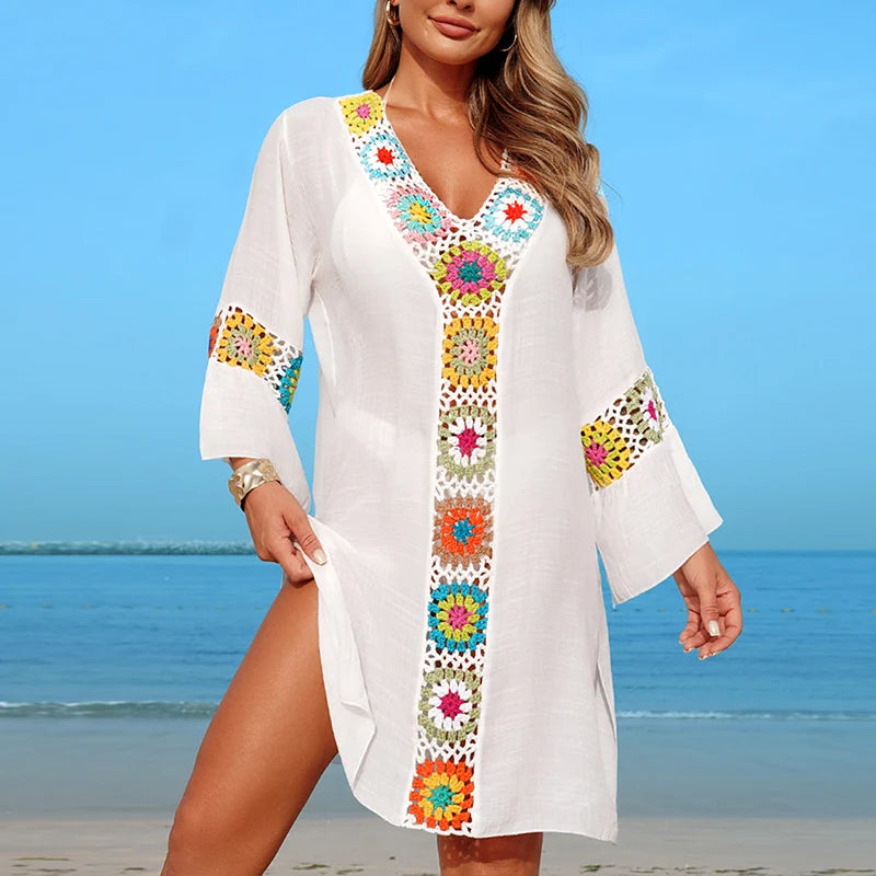 Hand Crochet Multicolour Flower Block Beachwear Cover Up Beach Vacation Casual See-Through Midi Dress Breathable Sunscreen Smock - Matrix Studios