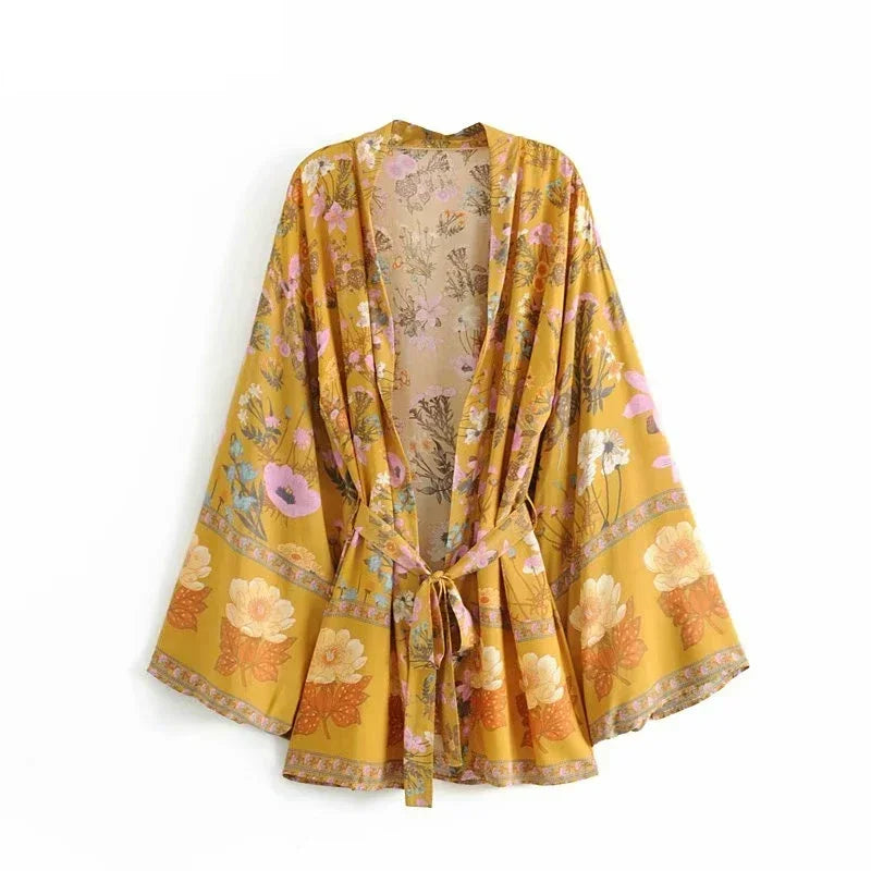 Happie Queens Women Floral Print Sashes Bat Sleeve Beach Bohemian Kimono Dresses Ladies V Neck  Summer Bikini Boho Cover-ups - Matrix Studios