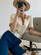 Fashion Summer T-shirts for Women Slim Fit Polo Women's T-shirt Collar Knitted Ice Silk T-shirt Knitting Elegant Crop Top - Matrix-studios.com