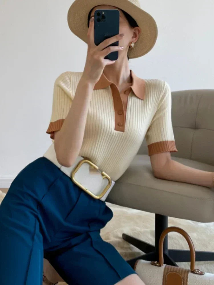 Fashion Summer T-shirts for Women Slim Fit Polo Women's T-shirt Collar Knitted Ice Silk T-shirt Knitting Elegant Crop Top - Matrix-studios.com
