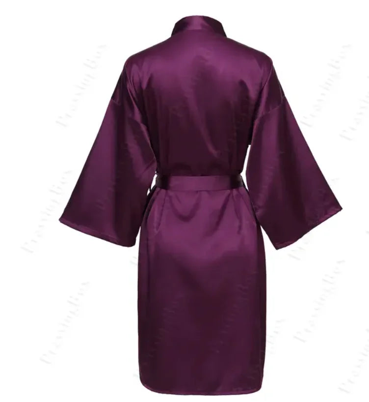 Solid Satin Night Robe, Elegant Half Sleeve V Neck House Robe With Belt, Women's Sleepwear - Matrix-studios.com