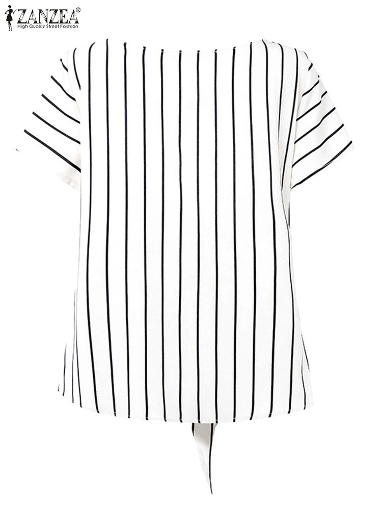 Fashion Stripe Blouse 2025 ZANZEA Summer Women V Neck Short Sleeve Tops Elegant Work OL Shirt Casual Loose Blusas Female Chemise - Matrix-studios.com