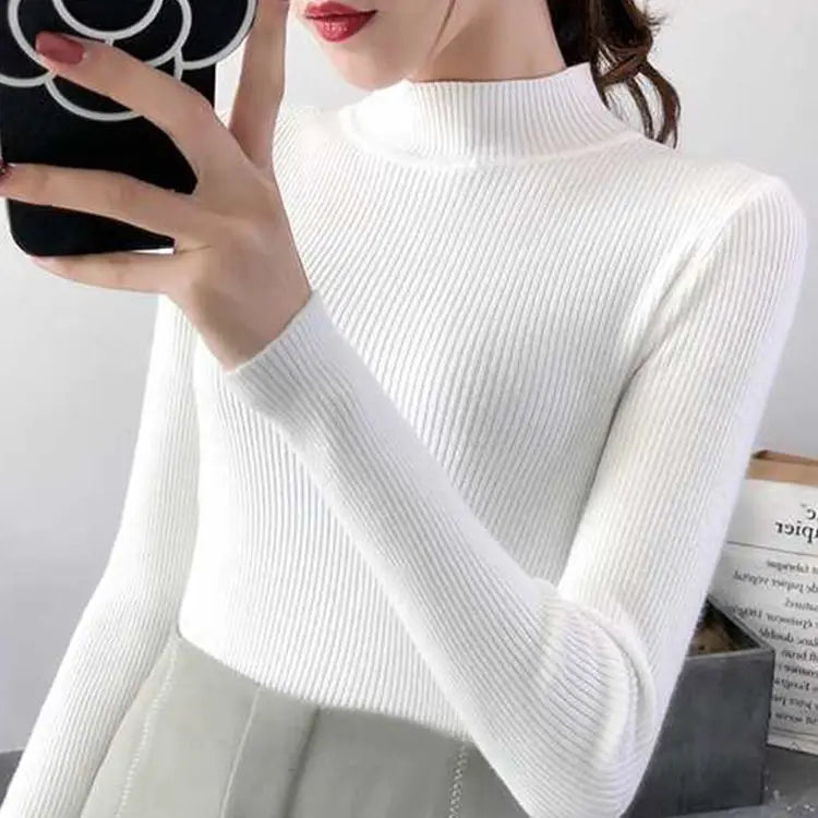Autumn Winter Mock Neck Women Sweater Vintage Basic Solid Knitted Tops Casual Slim Pullover Korean Sweaters Simple Chic Jumpers - Matrix Studios