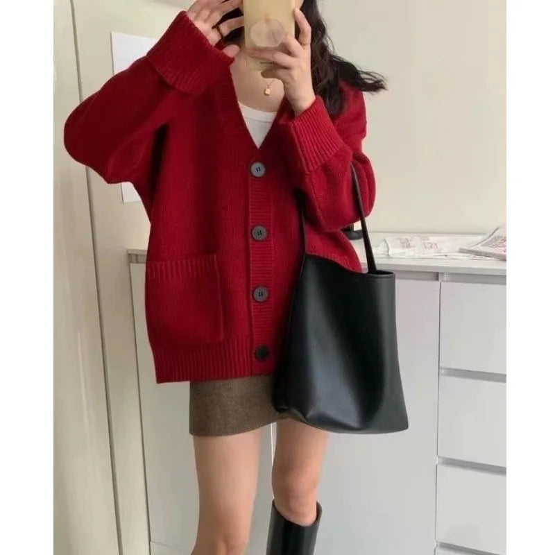 OCEANLOVE Cardigans Autumn Winter Solid Preppy Style Women Sweaters Korean Fashion V Neck Loose Warm Sweet Sueteres Mujer - Matrix Studios