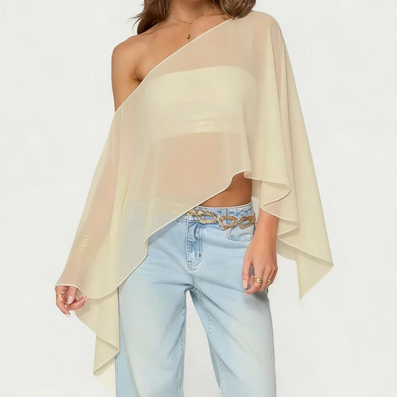 Women Sheer Mesh Poncho Top One Shoulder See Through Cape Blouse Asymmetrical Cover Up Beach Party Shrug Top - Matrix Studios