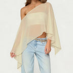 Women Sheer Mesh Poncho Top One Shoulder See Through Cape Blouse Asymmetrical Cover Up Beach Party Shrug Top - Matrix Studios