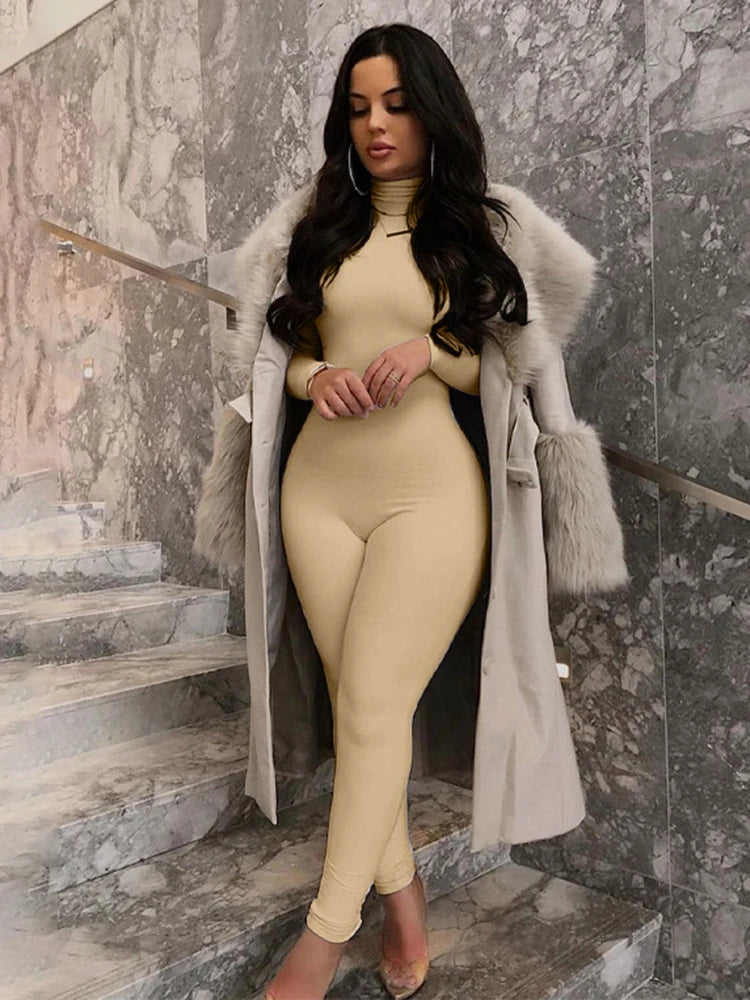 Hugcitar Fall Long Sleeve Solid Turtleneck Sexy Skinny Bodycon Jumpsuit Women Fashion Streetwear Sport Casual Romper Overalls - Matrix Studios
