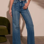 Autumn new women's dark blue high waist straight jeans slim fit wide leg version stretch denim fabric elegant intellectual jeans - Matrix-studios.com