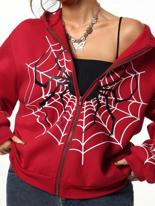 2026 Y2K Spider Web Print Unisex Zip Up Hoodie| Oversized Loose Fit for Men & Women, All Seasons - Matrix Studios