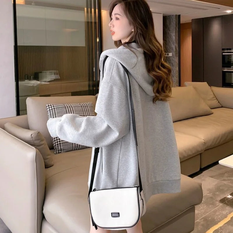 Women Embroidery Print Sporty Chic Hoodies Casual Zip Up Long Sleeve Loose Jacket Coats Harajuku Hooded Sweatshirts Streetwear - Matrix Studios