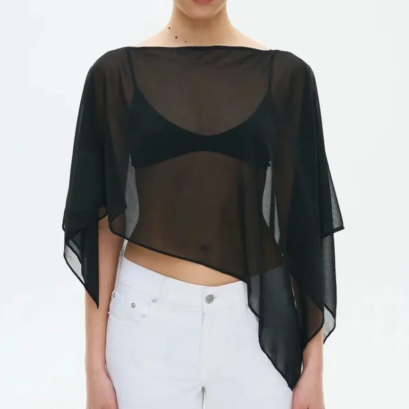 Womens Sheer Mesh Poncho Y2k Loose Solid Boat Neck Irregular Shrug Trendy Casual See Through Off Shoulder Beach Coverup Top New - Matrix Studios