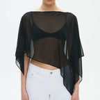Womens Sheer Mesh Poncho Y2k Loose Solid Boat Neck Irregular Shrug Trendy Casual See Through Off Shoulder Beach Coverup Top New - Matrix Studios