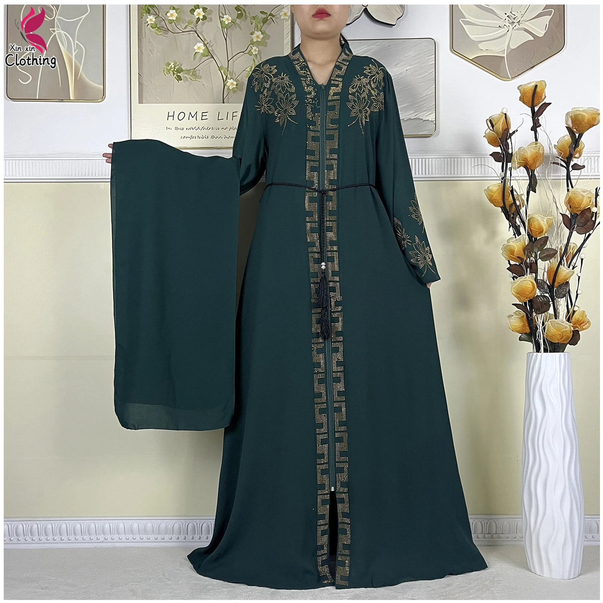 New Muslim Abayas For Women Long Sleeved Dress Dubai Lady Elegant Long Dress Islam Clothing African Abaya Loose Robe With Turban - Matrix-studios.com