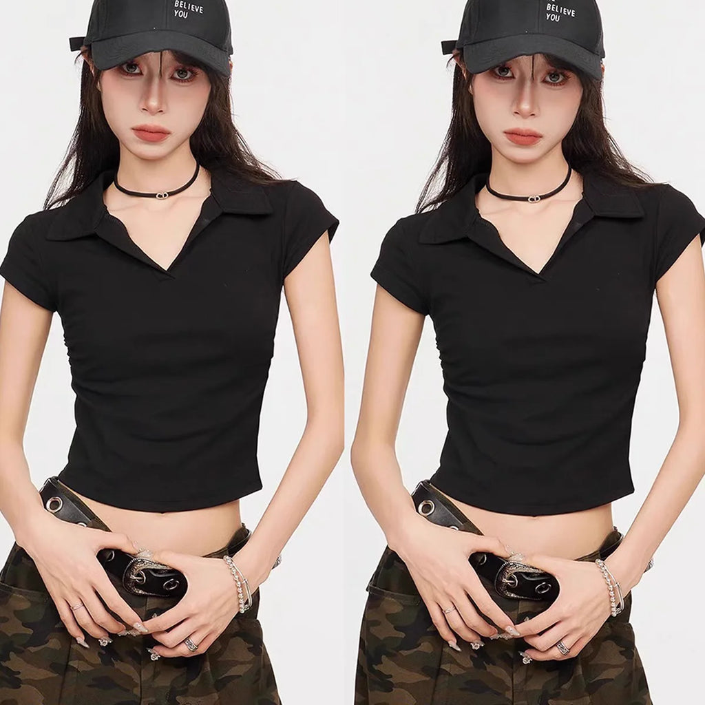 Cotton Summer Sexy Women's T Shirt Skinny Slim Basic Solid Crop Top Short Sleeve Polo TShirtCasual Top Tee for Women - Matrix-studios.com